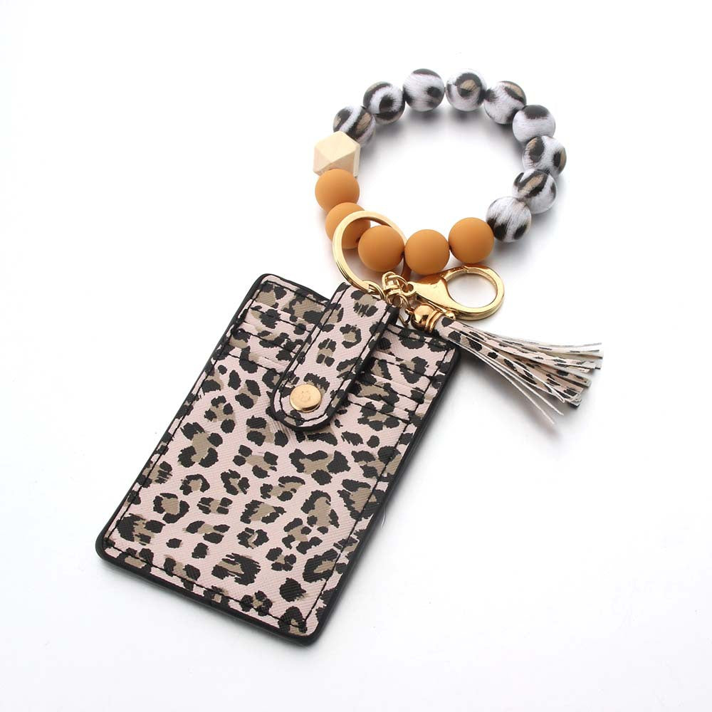 Wholesale Leopard Print Card Holder Silicone Beaded Wrist Keychain